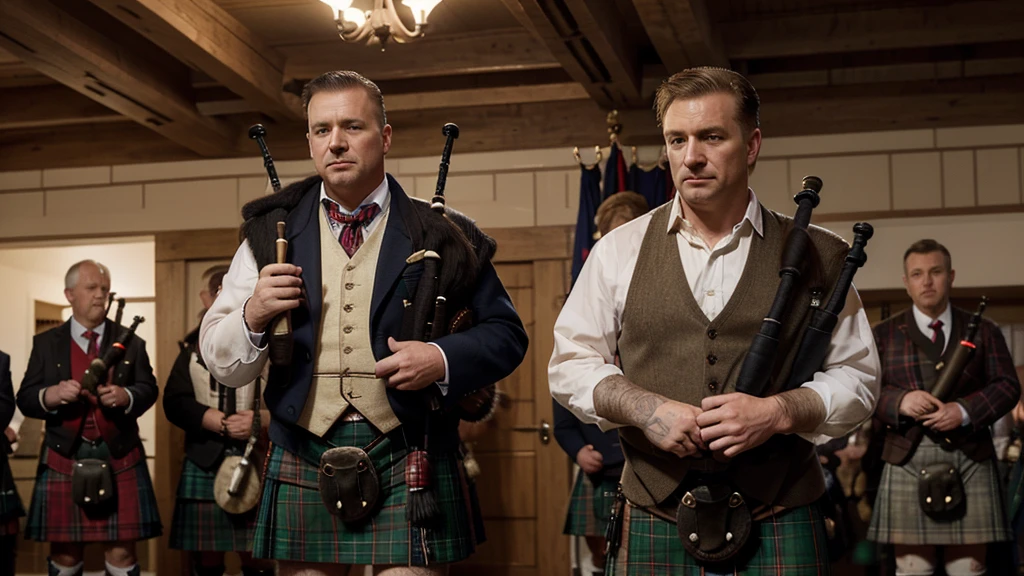 Create a high-resolution image featuring a typical Scottish man dressed in a kilt and clan attire, holding bagpipes. He is standing opposite Donald Trump. Ensure the details of the Scottish man's traditional outfit and the bagpipes are clear. Background should be neutral and slightly blurred.