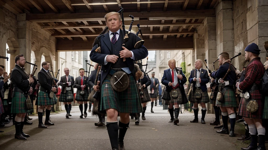 Create a high-resolution image featuring a typical Scottish man dressed in a kilt and clan attire, holding bagpipes. He is standing opposite Donald Trump. Ensure the details of the Scottish man's traditional outfit and the bagpipes are clear. Background should be neutral and slightly blurred.