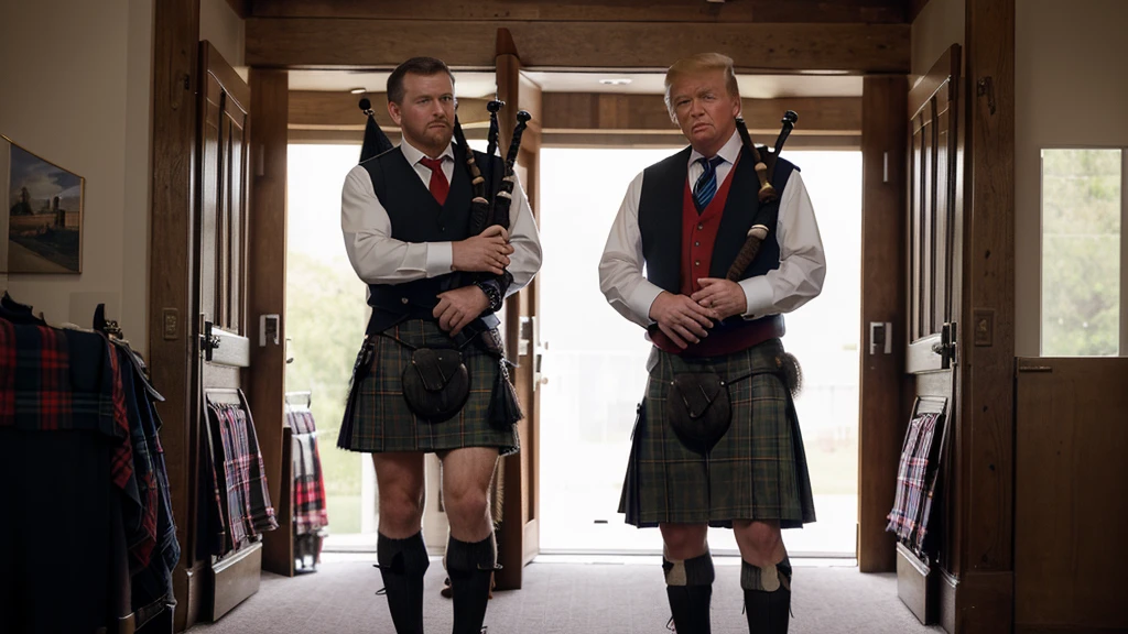 Create a high-resolution image featuring a typical Scottish man dressed in a kilt and clan attire, holding bagpipes. He is standing opposite Donald Trump. Ensure the details of the Scottish man's traditional outfit and the bagpipes are clear. Background should be neutral and slightly blurred.