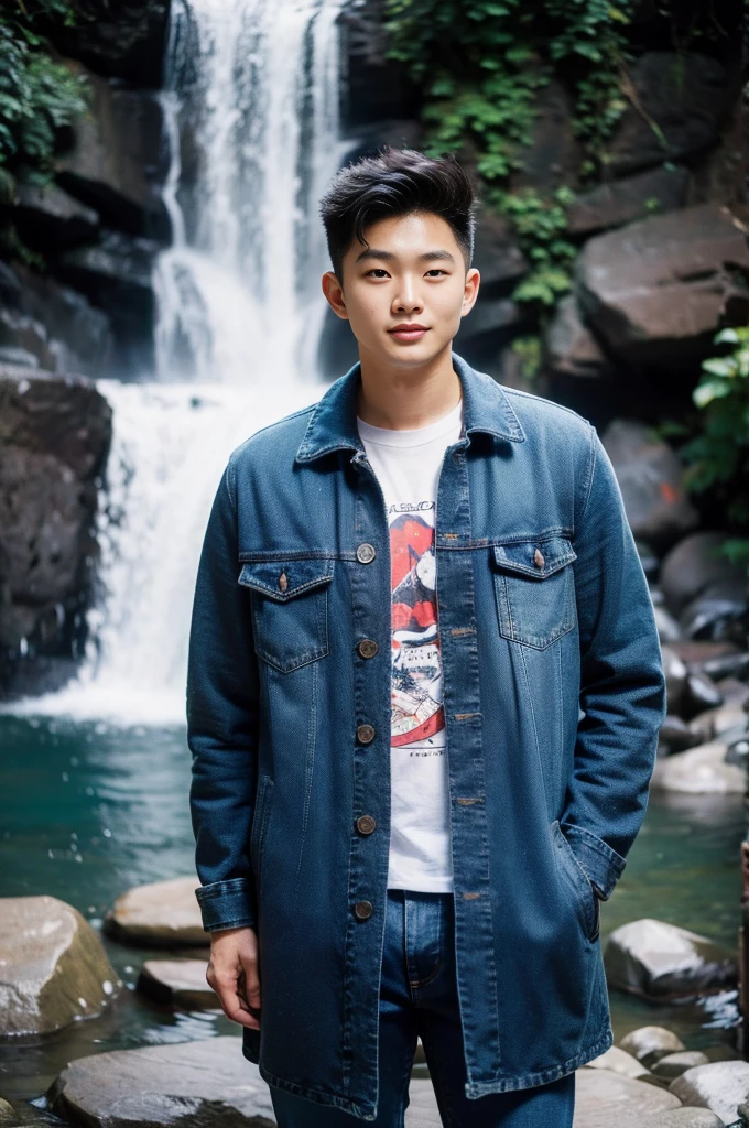 ((realistic daylight)) , Young Korean man in only a black t-shirt, no pattern. (Denim coat) Jeans, A handsome, muscular young Asian man looks at the camera. In a simple t-shirt blue and red , By the waterfall ,turn sideways