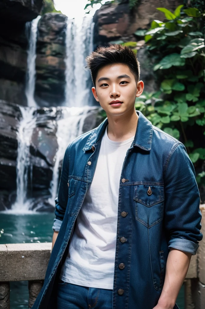 ((realistic daylight)) , Young Korean man in only a black t-shirt, no pattern. (Denim coat)  Jeans, A handsome, muscular young Asian man looks at the camera. In a simple t-shirt blue and red , By the waterfall ,turn sideways