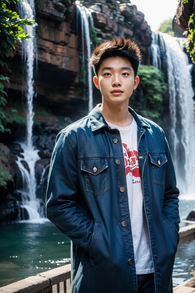 ((realistic daylight)) , Young Korean man in only a black t-shirt, no pattern. (Denim coat) Jeans, A handsome, muscular young Asian man looks at the camera. In a simple t-shirt blue and red , By the waterfall ,turn sideways