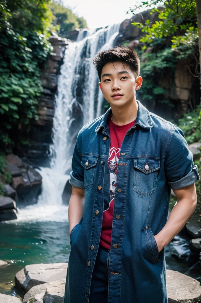((realistic daylight)) , Young Korean man in only a black t-shirt, no pattern. (Denim coat)  Jeans, A handsome, muscular young Asian man looks at the camera. In a simple t-shirt blue and red , By the waterfall ,turn sideways