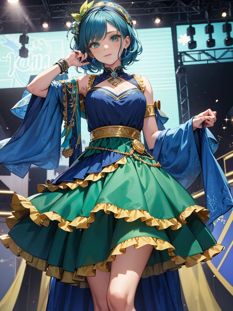 1boy, blue hair, ((green eyes)), ((idol costume)), blue dress, layered skirt, part hair