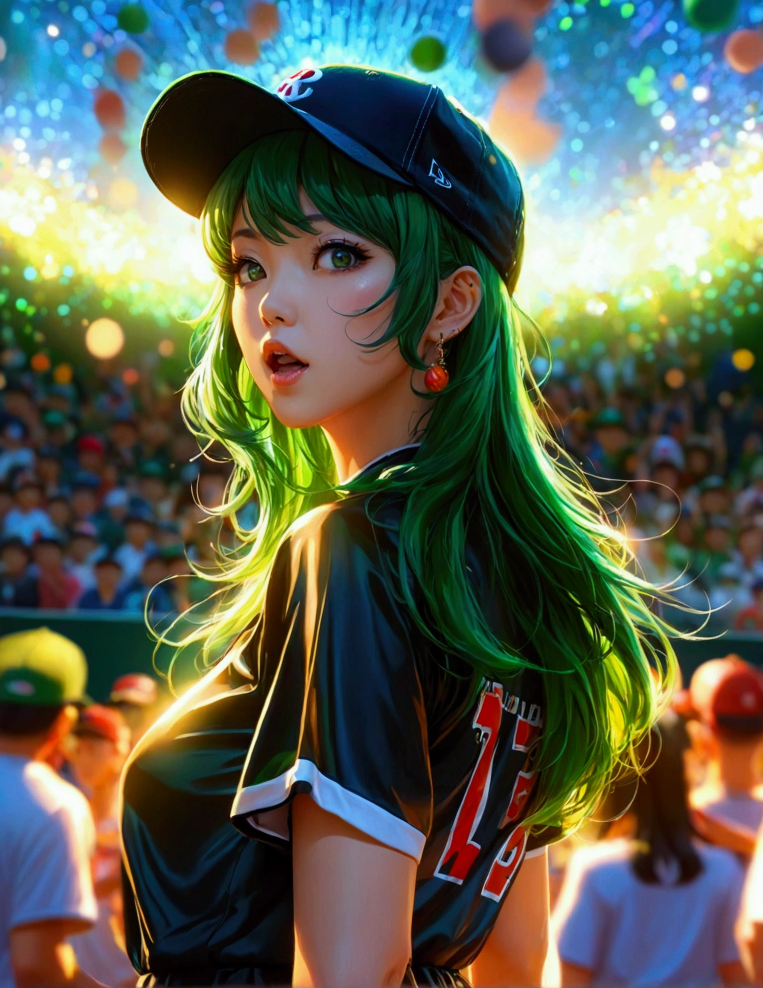 A beautiful Japanese woman (Tatsumaki,black dress, green hair) in a baseball cap pitching a ball, dynamic pitching pose, crowd cheering in the background, bokeh effect, anime style, highly detailed, intricate, vibrant colors, cinematic lighting, photorealistic, masterpiece, (show her entire body, show all of her, show her entire body)