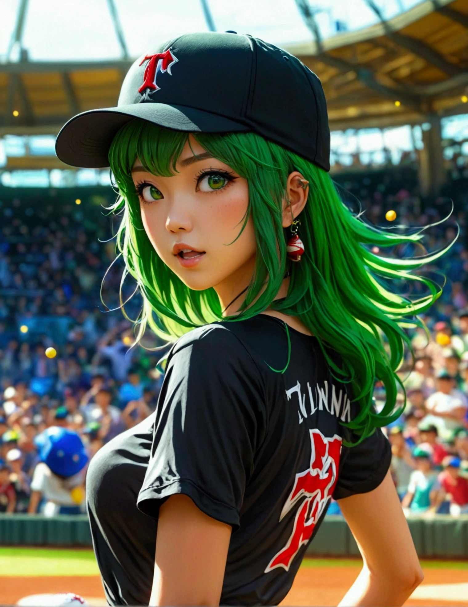 A beautiful Japanese woman (Tatsumaki,black dress, green hair) in a baseball cap pitching a ball, dynamic pitching pose, crowd cheering in the background, bokeh effect, anime style, highly detailed, intricate, vibrant colors, cinematic lighting, photorealistic, masterpiece, (show her entire body, show all of her, show her entire body)
