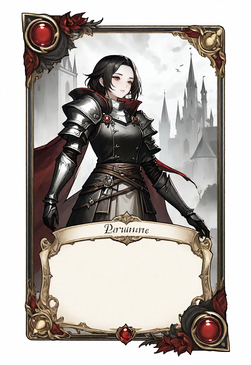 A card border UI,Medieval European fantasy style,Suspense style,Profile Style。Leave a square blank space in the middle,No characters,Parchment backing。Black and White、yellowish、Dark red main color,Black undertone。