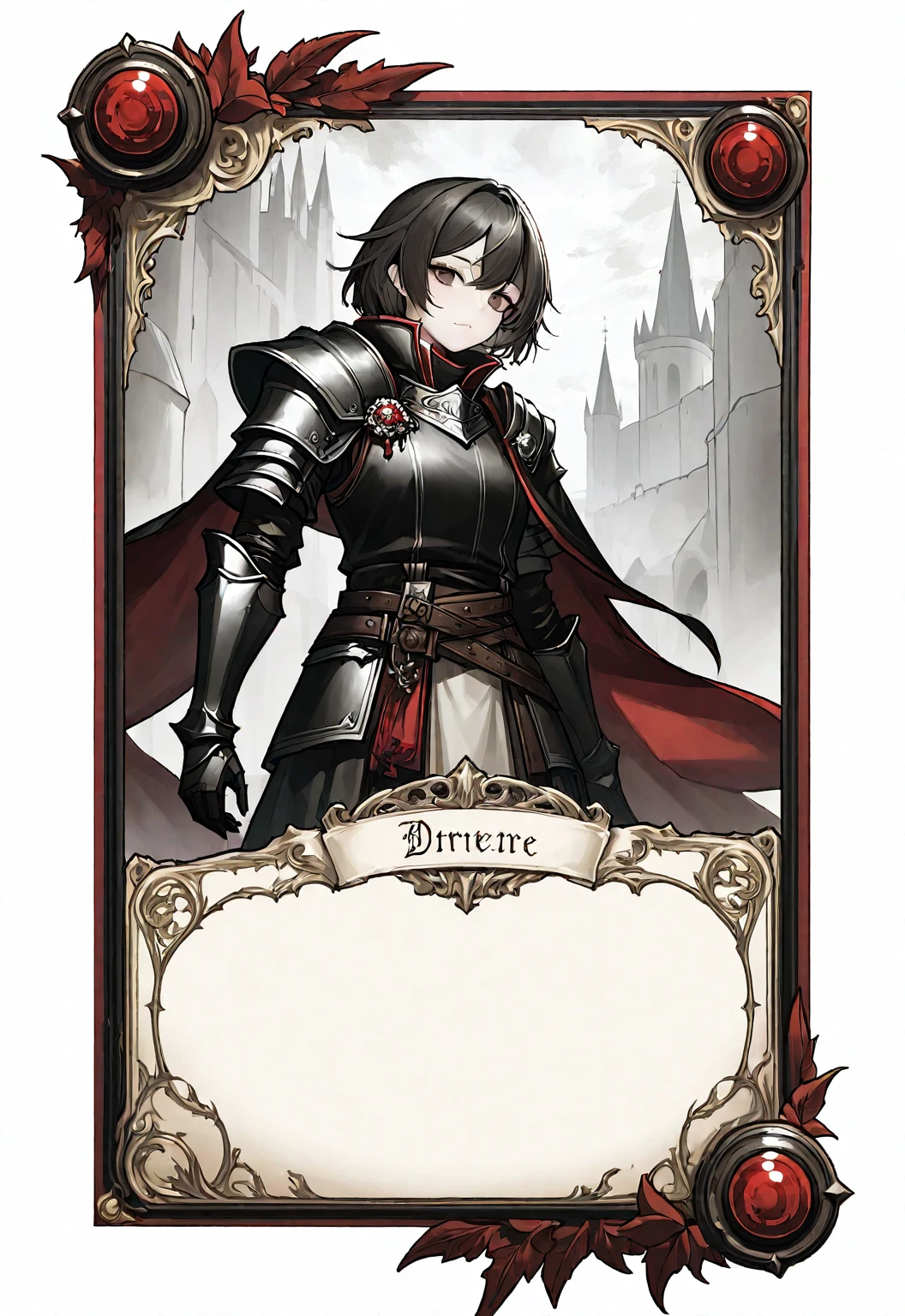 A card border UI，Medieval European fantasy style，Suspense style，Profile Style。Leave a square blank space in the middle，No characters，Parchment backing。Black and White、yellowish、Dark red main color，Black undertone。