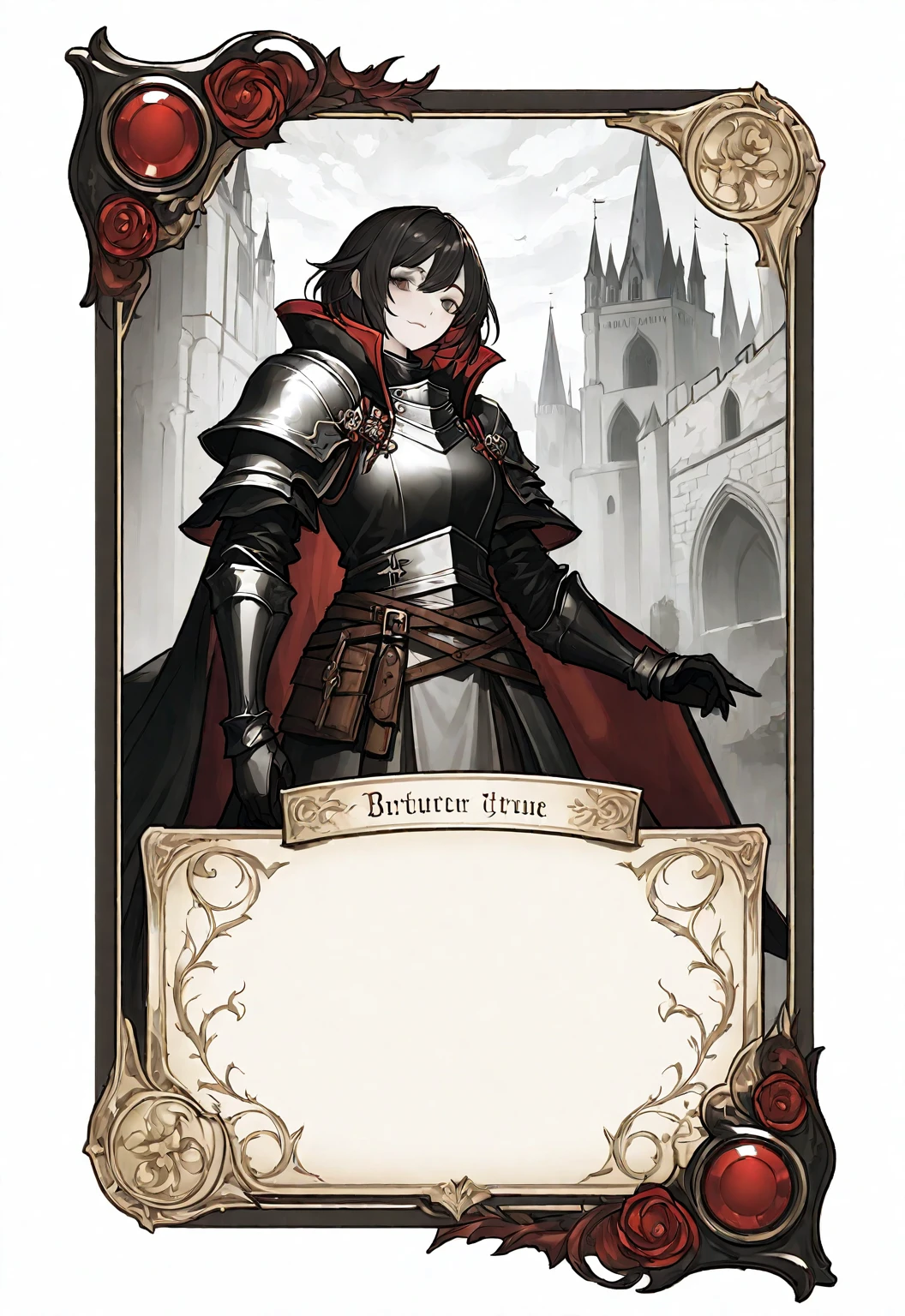 A card border UI,Medieval European fantasy style,Suspense style,Profile Style。Leave a square blank space in the middle,No characters,Parchment backing。Black and White、yellowish、Dark red main color,Black undertone。