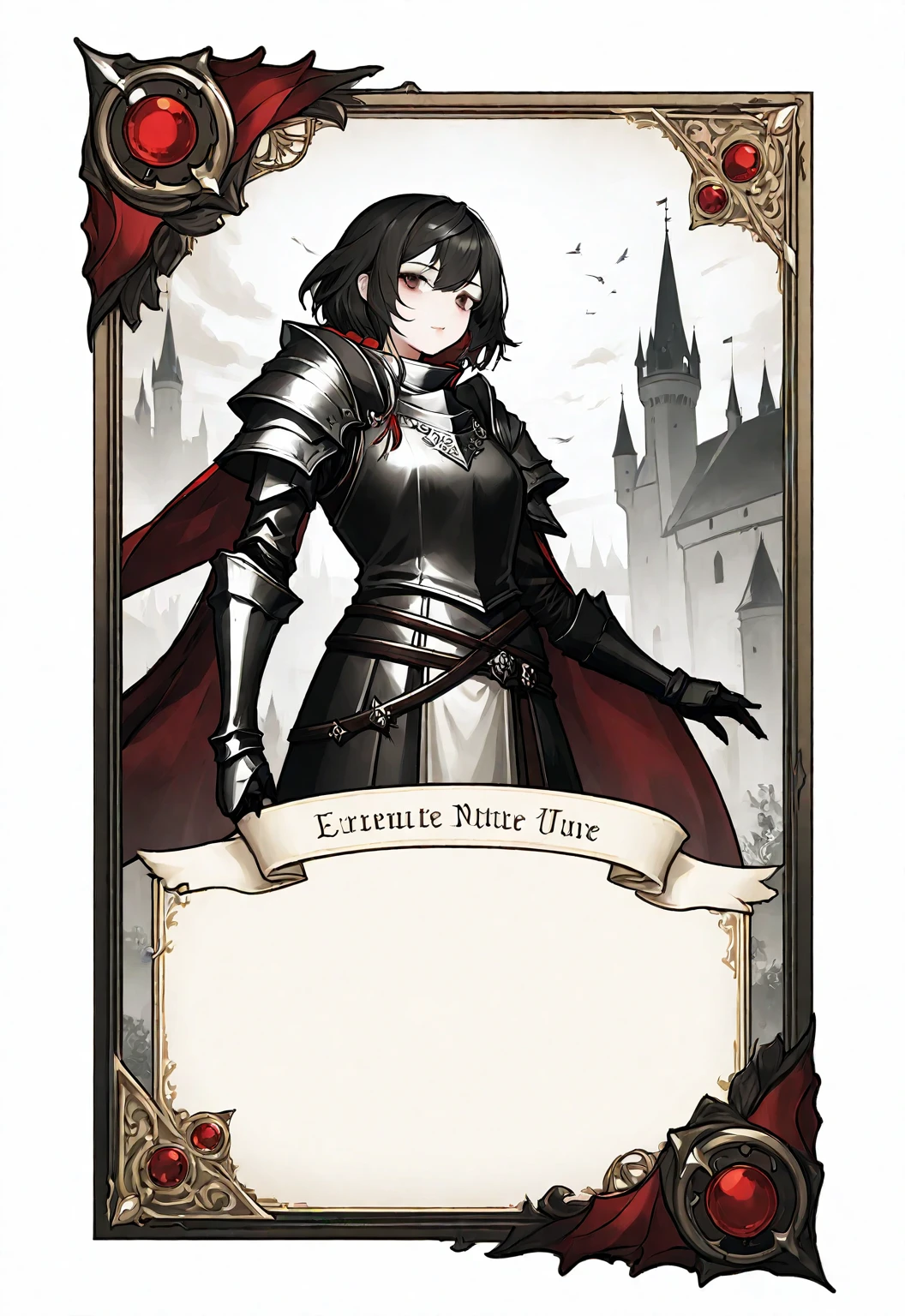 A card border UI,Medieval European fantasy style,Suspense style,Profile Style。Leave a square blank space in the middle,No characters,Parchment backing。Black and White、yellowish、Dark red main color,Black undertone。
