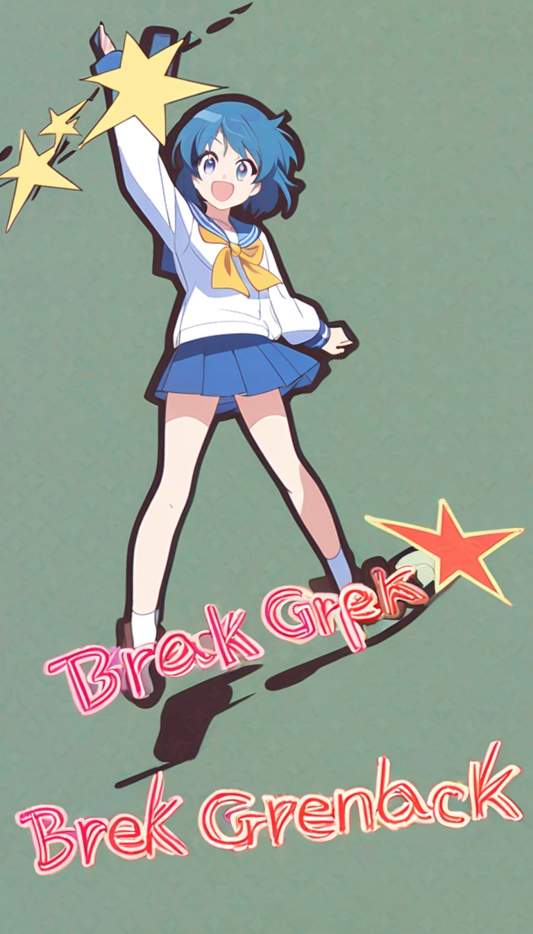18-year-old, young girl, anime, short hair, pretty eyes, blue hair, full body, sailor suit, short pleated skirt, big smiling very happy, Break greenback, black outline, (stand up straight)