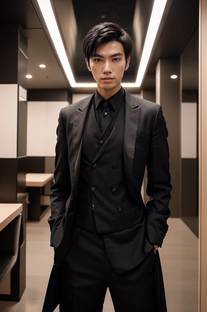 Generate an ultra realistic image of a handsome 20-year-old Chinese man, slim, slim, ectomomhe, asymmetrical face, new, CEO, passionate, serious and extremely cold countenance, CEO clothes, short black hair, face of a 20-year-old man