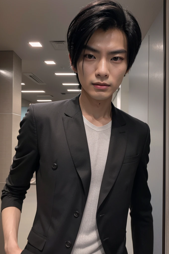 Generate an ultra realistic image of a handsome 20-year-old Chinese man, slim, slim, ectomomhe, asymmetrical face, new, CEO, passionate, serious and extremely cold countenance, CEO clothes, short black hair, face of a 20-year-old man