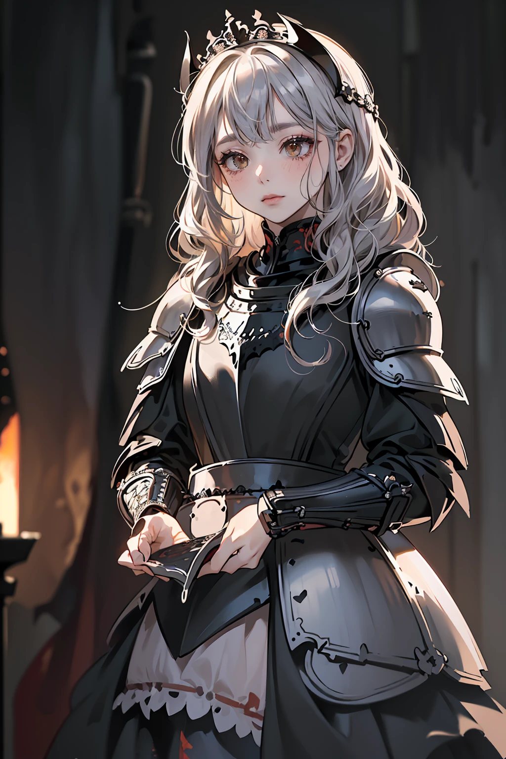 Anime Style、A masterpiece of delicate and detailed line drawing、Highest quality、Highest quality、Anatomically correct、(One Woman、16 years old、(Silver Hair、Hime cut, Wavy Hair, Mid-length hair:1.2)、(Natural Makeup、Eyelash extensions、Draw eyelashes sharply、Eyebrows are thin and short、Deep orange blush:1.1)、(Staring at the audience、Looks sleepy、Mouth open、Slightly red cheeks:1.3)、(Black Iron Full Plate Armor、Intricately detailed dress armor,、dark Knight:1.3)、garden、A mysterious scene with light pouring down, (Blur the background:1.3)、(View of the subject from below:1.1)、Photo from thigh up