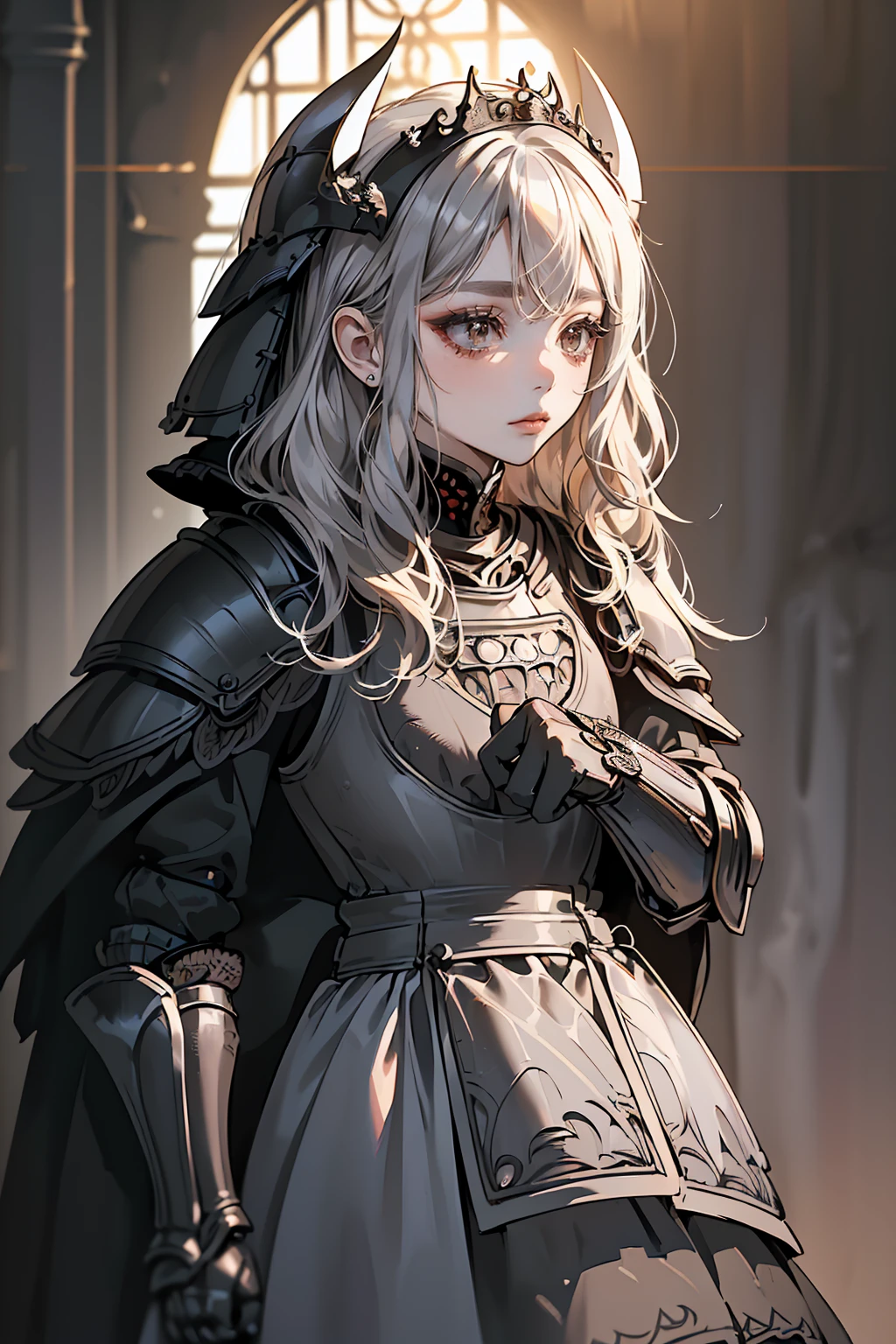 Anime Style、A masterpiece of delicate and detailed line drawing、Highest quality、Highest quality、Anatomically correct、(One Woman、、(Silver Hair、Hime cut, Wavy Hair, Mid-length hair:1.2)、(Natural Makeup、Eyelash extensions、Draw eyelashes sharply、Eyebrows are thin and short、Deep orange blush:1.1)、(Staring at the audience、Looks sleepy、Mouth open、Slightly red cheeks:1.3)、(Black Iron Full Plate Armor、Intricately detailed dress armor,、dark Knight:1.3)、garden、A mysterious scene with light pouring down, (Blur the background:1.3)、(View of the subject from below:1.1)、Photo from thigh up