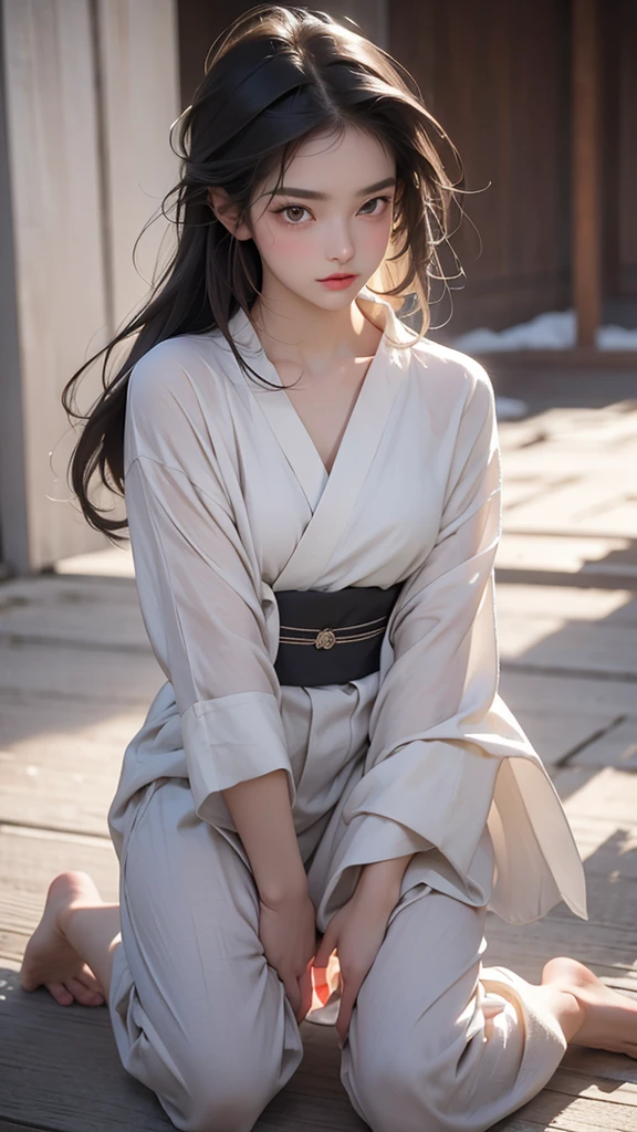 ((best quality, 8K, masterpiece :1.3)), Clear focus:1.2 , Photorealistic,(light),Facial detail texture. Eye details. Double eyelids, slim body. Super small breasts, Sexy clavicle,12 year old girl, Photo-realistic:1.37,Perfect eyes, ((1 Girl in a short transparent yukata)),((Ripped Linen)),There are pictures,Dark brown hair,Long hair draped loosely,Bangs,Kneeling in the snow,barefoot,Put your hands behind your back,Kneeling,Full body portrait,Bellyband,Show your thighs,Wrinkles,((Solid color background)),Very shy,blush,Get wet