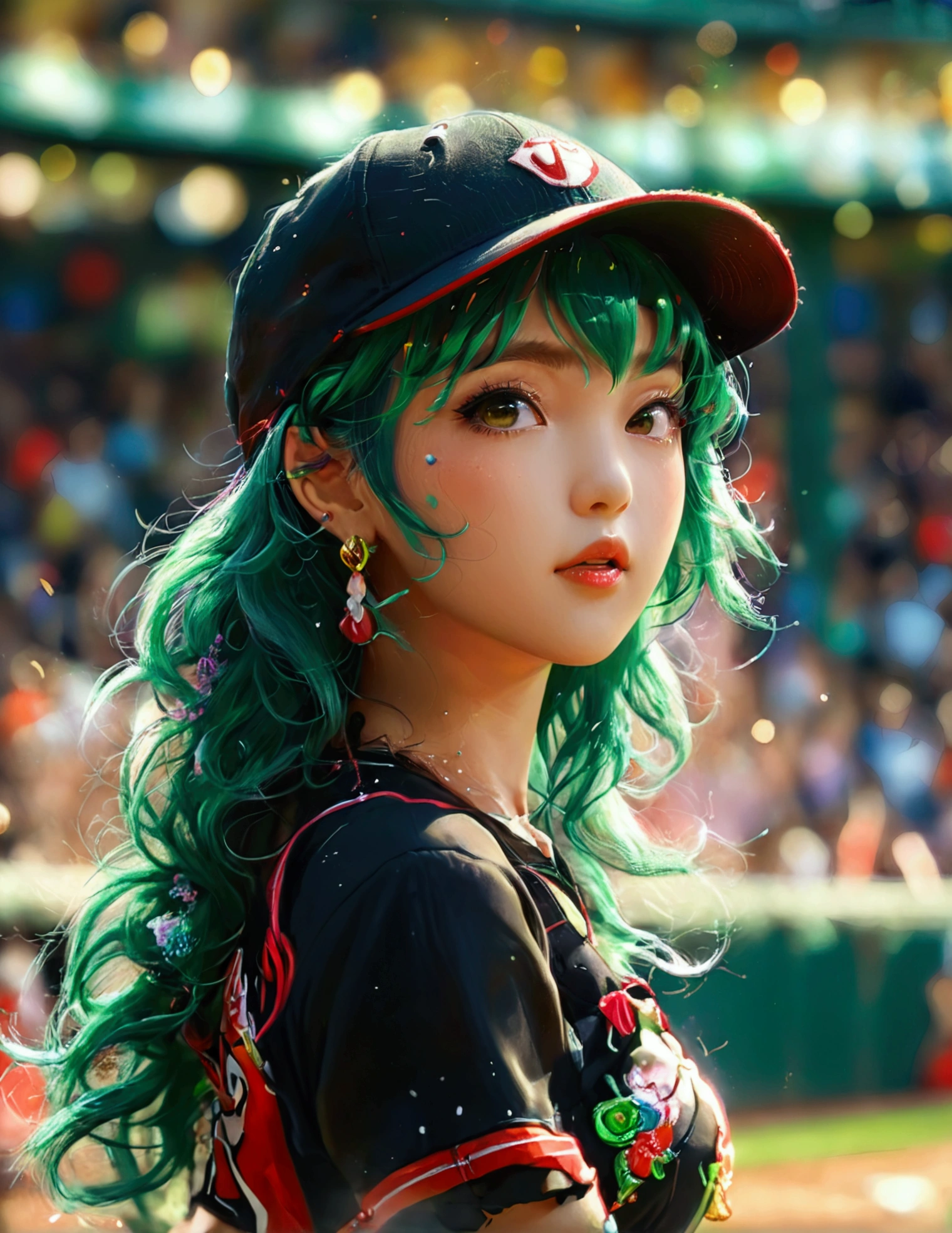 A beautiful Japanese woman (Tatsumaki,black dress, green hair) in a baseball cap pitching a ball, dynamic pitching pose, crowd cheering in the background, bokeh effect, anime style, highly detailed, intricate, vibrant colors, cinematic lighting, photorealistic, masterpiece, (show her entire body, show all of her, show her entire body)
