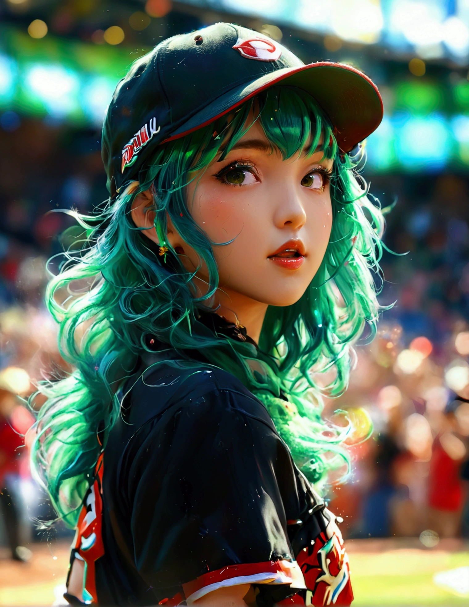A beautiful Japanese woman (Tatsumaki,black dress, green hair) in a baseball cap pitching a ball, dynamic pitching pose, crowd cheering in the background, bokeh effect, anime style, highly detailed, intricate, vibrant colors, cinematic lighting, photorealistic, masterpiece, (show her entire body, show all of her, show her entire body)