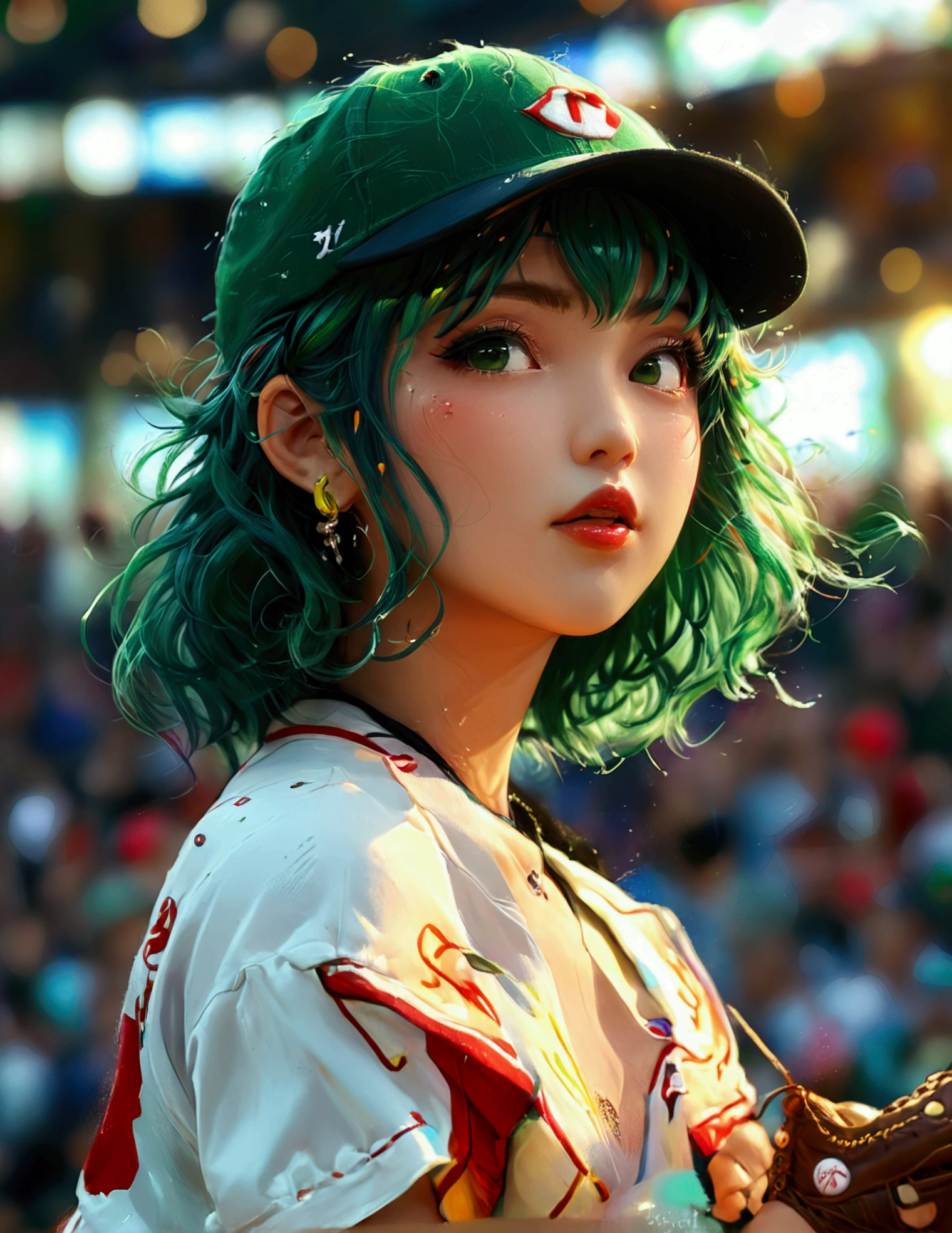 A beautiful Japanese woman (Tatsumaki,black dress, green hair) in a baseball cap pitching a ball, dynamic pitching pose, crowd cheering in the background, bokeh effect, anime style, highly detailed, intricate, vibrant colors, cinematic lighting, photorealistic, masterpiece, (show her entire body, show all of her, show her entire body)
