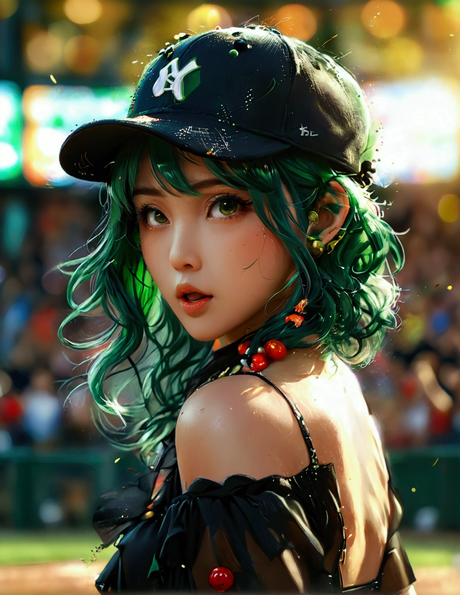 A beautiful Japanese woman (Tatsumaki,black dress, green hair) in a baseball cap pitching a ball, dynamic pitching pose, crowd cheering in the background, bokeh effect, anime style, highly detailed, intricate, vibrant colors, cinematic lighting, photorealistic, masterpiece, (show her entire body, show all of her, show her entire body)