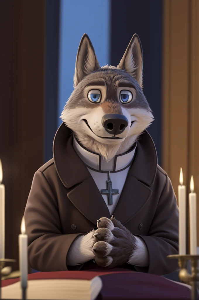 Larry (Zootopia), wolf, Gray Fur, (brown body:1.3), beautiful blue eyes, Zootopia, черный Pope, Catholic priest,pectoral cross white collar, canine,wolf, detailed fur, Male, second, paw pads, claws, looks at the viewer, 5 fingers, paws, 4 toes, in the church, candles altar,Catholic Church, Vatican, sits and prays, 
BREAK from nextel, for dating, by xenoforge, (difficult, high detail,digital photography, soft focus, RAW, close to the camera, smile, positive, Good, mood, Houses, looks at the viewer, очень close to the camera, Pope. 
Photorealism, realistic, photorealistic,digital style, Subsurface scattering,очень close to the camera 
шедевр, Best quality, ultra realistic, 8 thousand.)