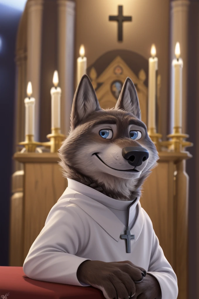 Larry (Zootopia), wolf, Gray Fur, (brown body:1.3), beautiful blue eyes, Zootopia, черный Pope, Catholic priest,pectoral cross white collar, canine,wolf, detailed fur, Male, second, paw pads, claws, looks at the viewer, 5 fingers, paws, 4 toes, in the church, candles altar,Catholic Church, Vatican, sits and prays, 
BREAK from nextel, for dating, by xenoforge, (difficult, high detail,digital photography, soft focus, RAW, close to the camera, smile, positive, Good, mood, Houses, looks at the viewer, очень close to the camera, Pope. 
Photorealism, realistic, photorealistic,digital style, Subsurface scattering,очень close to the camera 
шедевр, Best quality, ultra realistic, 8 thousand.)