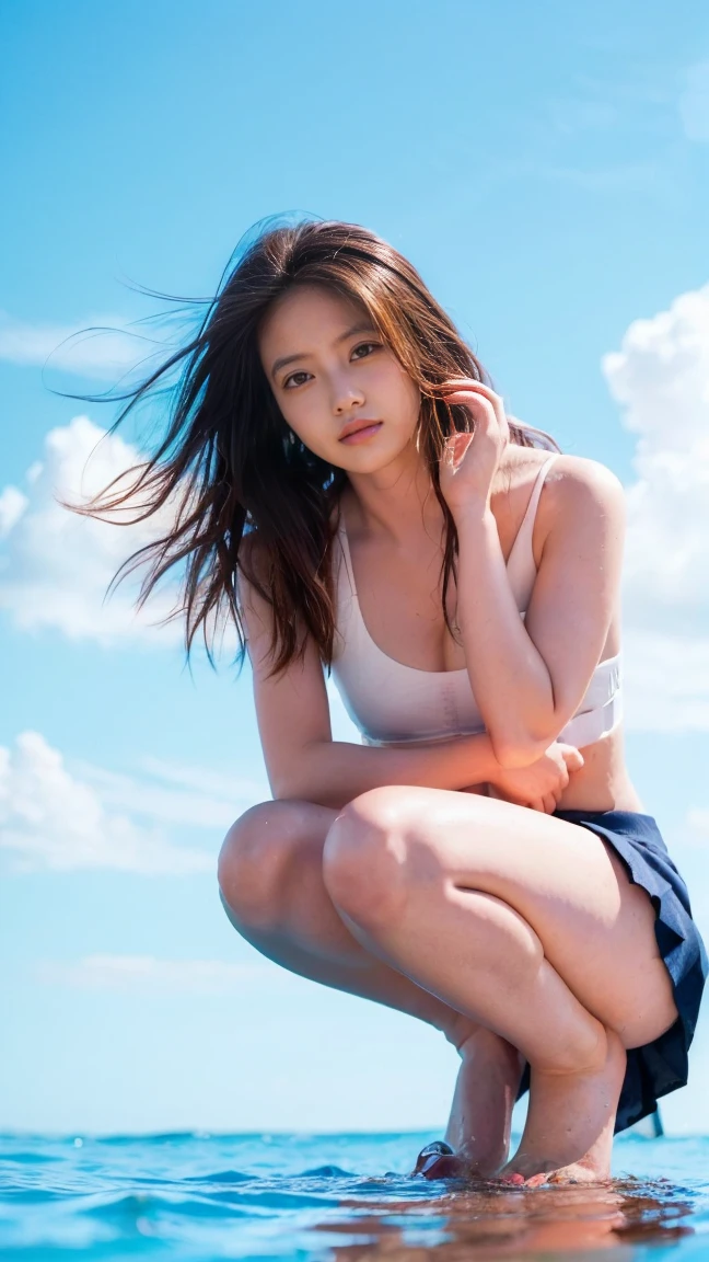 (((Top-down configuration:1.33)))、((No underwear:1.55))、One Girl、Beautiful and detailed eyes and face、barefoot、20 year old cute Japan woman, ((Extremely precise and accurate anatomy:1.0)), (photo Realistic:1.4), (hyper Realistic:1.4), (最高品質のRealisticな肌の質感:1.4), (Improvement of quality:1.4), (Enhances the beauty of skin texture:1.1), Clean and glowing skin, mesh, thin:1.2, (Realistic:1.3), Realisticなライティング, (Smoother lighting:1.05), (Improving the quality of cinema lighting:0.9), Backlight, A gentle light for your face, Ray Tracing, (Bright light:1.2), 32k, One Japanese woman, fine grain, Detailed face, (Film Grain:1.1),(Accentuates body lines:1.1), High resolution, Natural look, Kind eyes, Improves hair quality, Delicate light and shadow, Transparent muscles, Graceful pose, Beautiful Eyes, Sharp details, Soft light reflection, Beautiful contours, Delicate skin tone, Fine hair texture, Natural background, (((sunny day、Beach、A strong wind is blowing、Her hair and skirt are flying、Squat, Traditional navy blue sailor uniform、Open shirt、Pleated skirt、Scooping seawater with hands:1.25、splash、Sandy Beach、Light of the sun、clear blue sea、The waves crash quietly、Blue sky and white clouds、green mountain々、Beautiful Nature、The joy of youth)))、