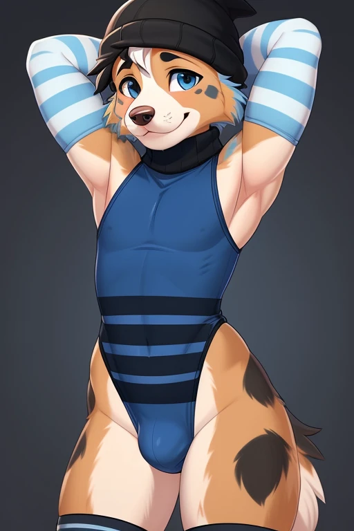 ((SFW)) ((18, cute, furry, Australian Shepherd dog boy femboy wearing a blue sleeveless turtleneck leotard a bulge, black beanie, and black and blue striped thigh-high socks, best quality)) ((hands behind head)) ((exposed hips)) 