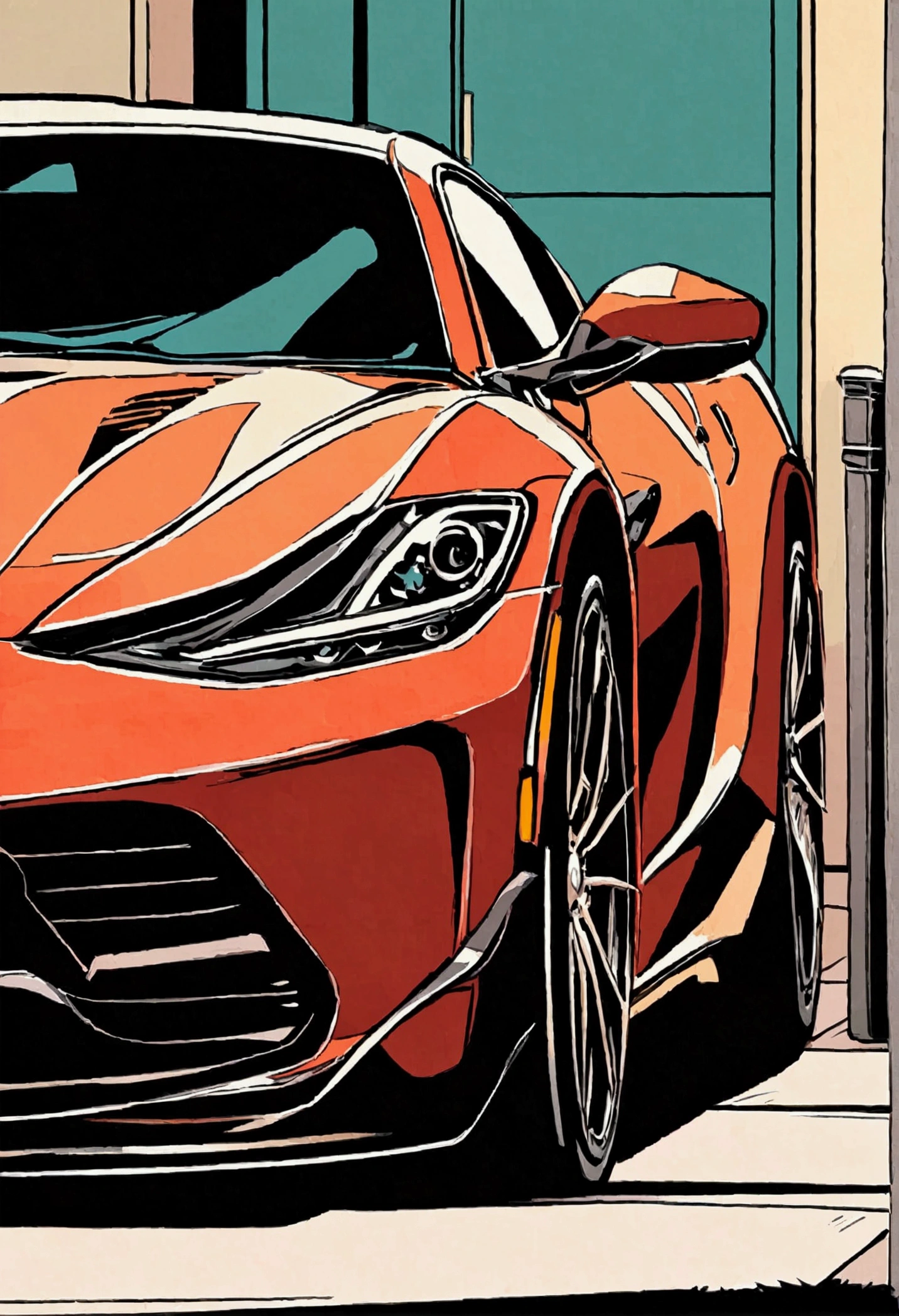 Luxury cars,School Entrance,Rich colors,Illustration style