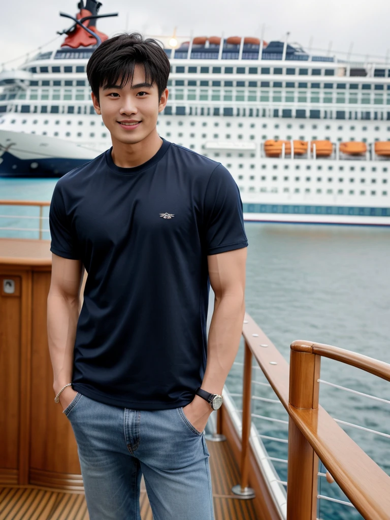 独奏: 1.5, (As a matter of fact, Masterpiece, 8k HD, good light quality, sportswear, fit the face, complicated details), A handsome Korean young man with muscular arms. , 20 years old, be happy, smile brightly, detailed face, delicate eyes, look at the sky, Wear a navy tight T-shirt.:1.6 ,Wear a denim coat., jeans period, black eyes, Black hair color, ผมsmooth, smooth,Surreal,Awesome details,Highest quality,real,Open your mouth to talk. , Close your eyes., (standing in a cruise ship:1.5)