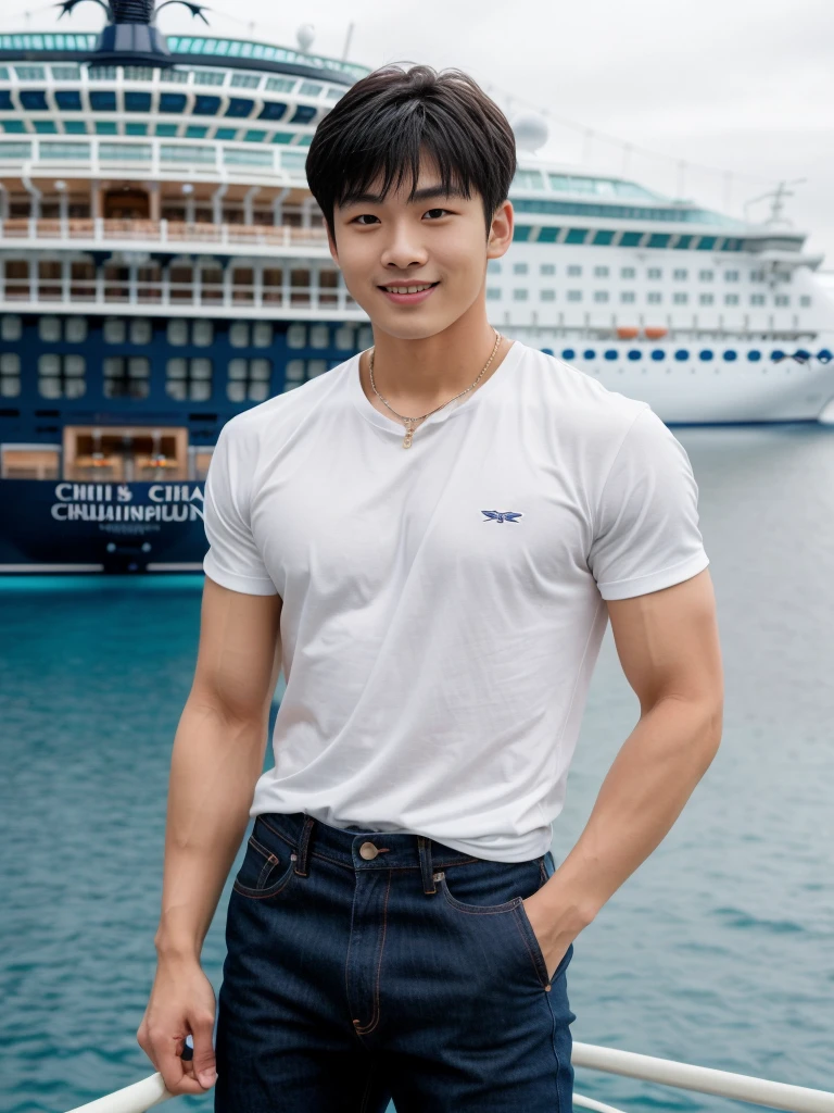 独奏: 1.5, (As a matter of fact, Masterpiece, 8k HD, good light quality, sportswear, fit the face, complicated details), A handsome Korean young man with muscular arms. , 20 years old, be happy, smile brightly, detailed face, delicate eyes, look at the sky, Wear a navy tight T-shirt.:1.6 ,Wear a denim coat., jeans period, black eyes, Black hair color, ผมsmooth, smooth，Surreal，Awesome details，Highest quality，real，Open your mouth to talk. , Close your eyes., (standing in a cruise ship:1.5)