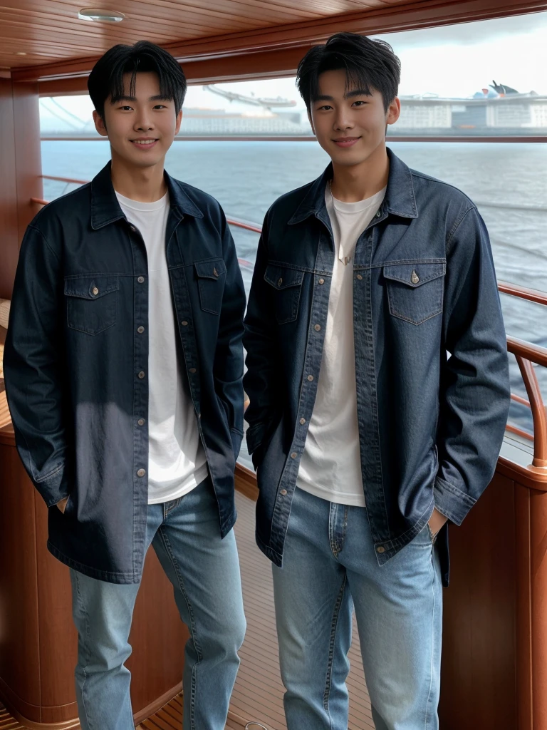 独奏: 1.5, (As a matter of fact, Masterpiece, 8k HD, good light quality, sportswear, fit the face, complicated details), A handsome Korean young man with muscular arms. , 20 years old, be happy, smile brightly, detailed face, delicate eyes, look at the sky, Wear a navy tight T-shirt.:1.6 ,Wear a denim coat., jeans period, black eyes, Black hair color, ผมsmooth, smooth,Surreal,Awesome details,Highest quality,real,Open your mouth to talk. , Close your eyes., (standing in a cruise ship:1.5)