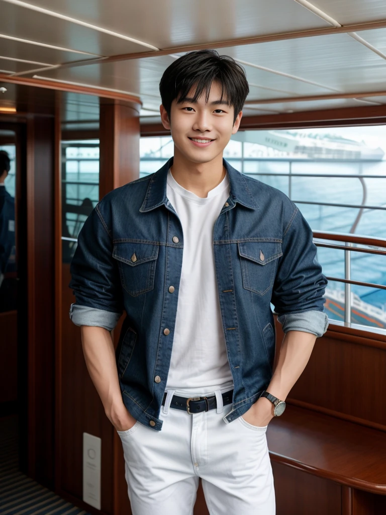 独奏: 1.5, (As a matter of fact, Masterpiece, 8k HD, good light quality, sportswear, fit the face, complicated details), A handsome Korean young man with muscular arms. , 20 years old, be happy, smile brightly, detailed face, delicate eyes, look at the sky, Wear a navy tight T-shirt.:1.6 ,Wear a denim coat., jeans period, black eyes, Black hair color, ผมsmooth, smooth,Surreal,Awesome details,Highest quality,real,Open your mouth to talk. , Close your eyes., (standing in a cruise ship:1.5)