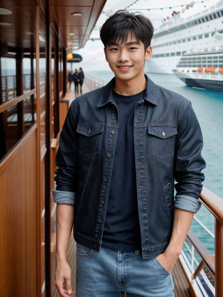 独奏: 1.5, (As a matter of fact, Masterpiece, 8k HD, good light quality, sportswear, fit the face, complicated details), A handsome Korean young man with muscular arms. , 20 years old, be happy, smile brightly, detailed face, delicate eyes, look at the sky, Wear a navy tight T-shirt.:1.6 ,Wear a denim coat., jeans period, black eyes, Black hair color, ผมsmooth, smooth，Surreal，Superb details，Highest quality，real，Open your mouth to talk. , Close your eyes., (Standing in a Thai restaurant, Burmese temple:1.1)