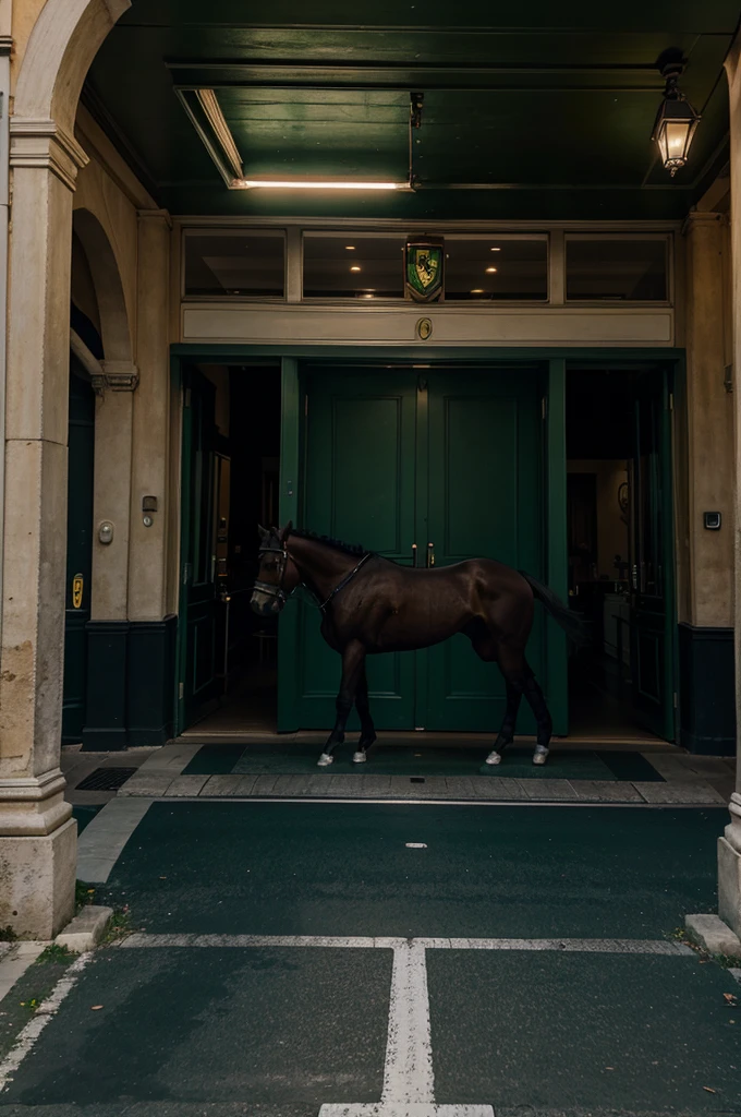 a dark green thoroughbred Ferrari, switched on, walking the streets of monaco