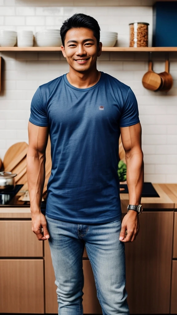 Thai man ,man ,(Blue T-shirt:1.5) ,Jeans ,He is about 30 years old..,Rough and handsome appearance,large breastsj,Big waistline,buzz cut, angry, sullen, best quality, Masterpiece,(Have muscles:4.5),(best quality,high resolution,Masterpiece:1.2),The eyes are natural and delicate..,1 person,alone,gay asian,muscle,Long legs,brave,short hair details,conjunctivitis ,strong,brown eyes, (standing in the kitchen:1.5),in the market,sit ,smile