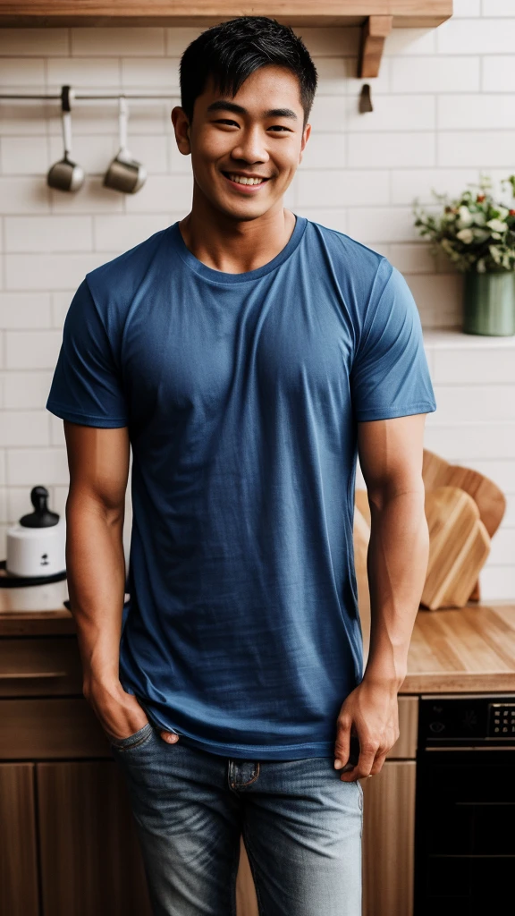 Thai man ,man ,(Blue T-shirt:1.5) ,Jeans ,He is about 30 years old..,Rough and handsome appearance,large breastsj,Big waistline,buzz cut, angry, sullen, best quality, Masterpiece,(Have muscles:4.5),(best quality,high resolution,Masterpiece:1.2),The eyes are natural and delicate..,1 person,alone,gay asian,muscle,Long legs,brave,short hair details,conjunctivitis ,strong,brown eyes, (standing in the kitchen:1.5),in the market,sit ,smile