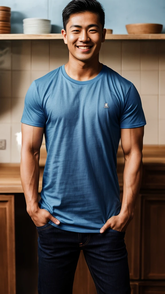 Thai man ,man ,(Blue T-shirt:1.5) ,Jeans ,He is about 30 years old..,Rough and handsome appearance,large breastsj,Big waistline,buzz cut, angry, sullen, best quality, Masterpiece,(Have muscles:4.5),(best quality,high resolution,Masterpiece:1.2),The eyes are natural and delicate..,1 person,alone,gay asian,muscle,Long legs,brave,short hair details,conjunctivitis ,strong,brown eyes, (standing in the kitchen:1.5),in the market,sit ,smile