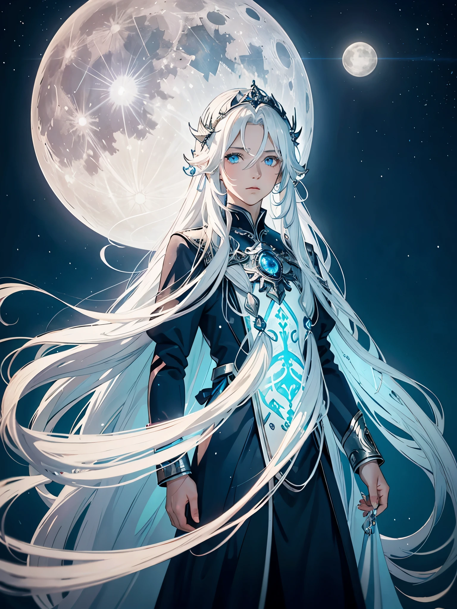 Blue light. Göttlich. Mystisch. Long hair. long white hair. aquatic, boy, Goddess of the Moon, silver hair accessories, White hair, White dress, cape, at night, saturated colors, light eyes, bright, light blue light, blue eyes, Jewelry silver, bluish light, Full moon in the background, aquatic in der Luft rosa kerzen
