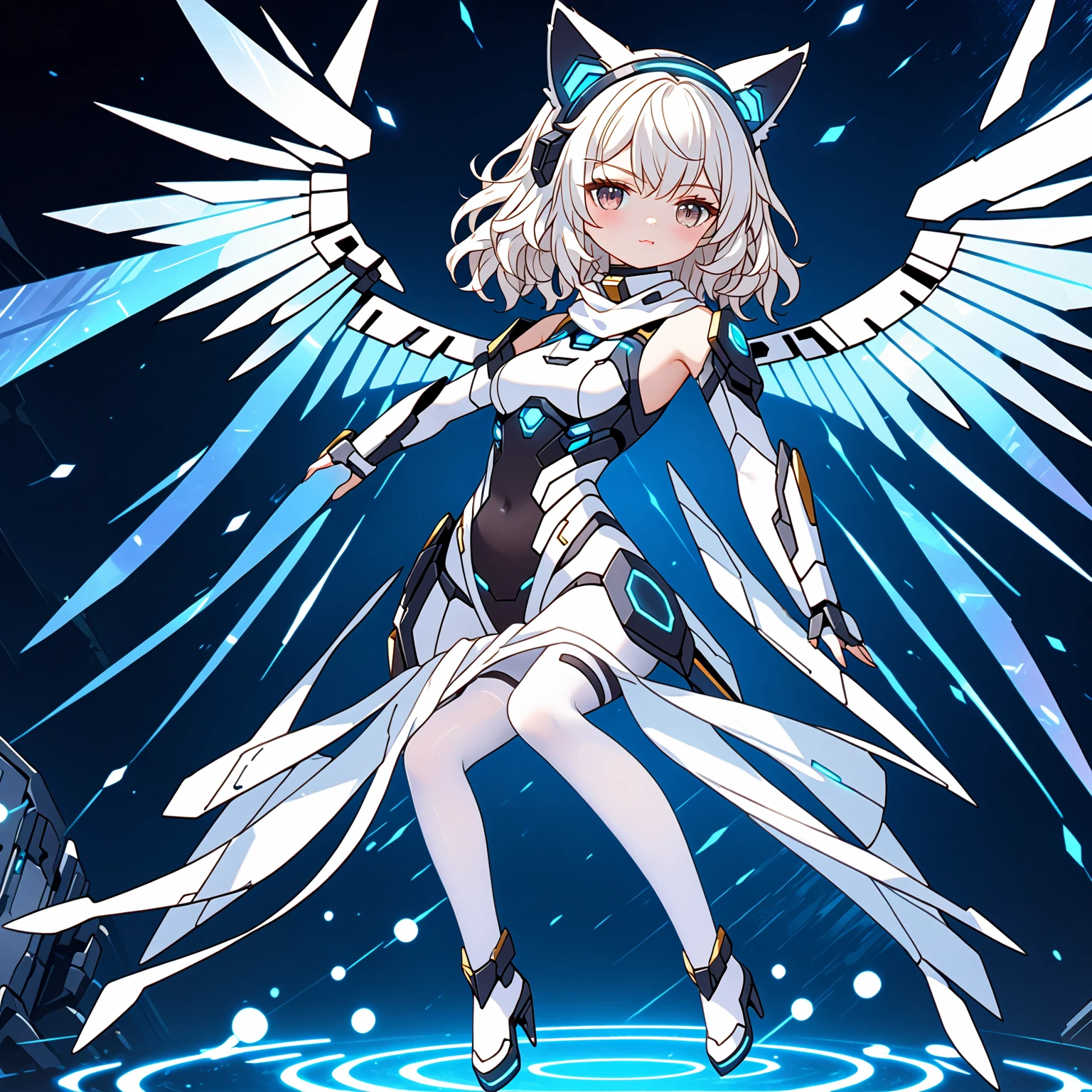 masterpiece, highest quality, highest resolution, clear_image, detailed details, white hair, long hair, 1 girl, cat ears, futuristic wings, futuristic halo, white sci-fi mecha dress, white scarf with blow glow, white pantyhose, full body, no water marks, city, no extra limps, no extra body