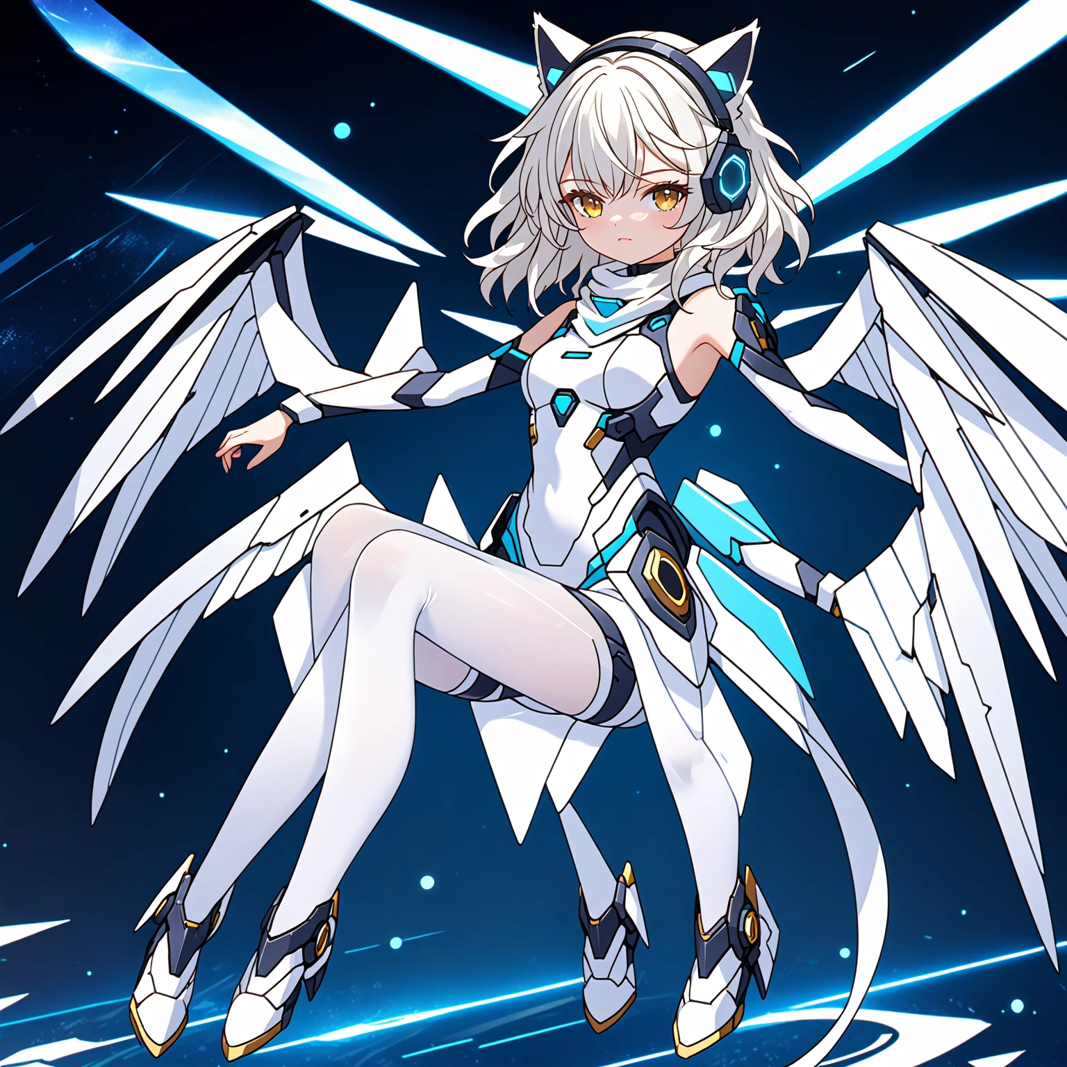 masterpiece, highest quality, highest resolution, clear_image, detailed details, white hair, long hair, 1 girl, cat ears, futuristic wings, futuristic halo, white sci-fi mecha dress, white scarf with blow glow, white pantyhose, full body, no water marks, city, no extra limps, no extra body