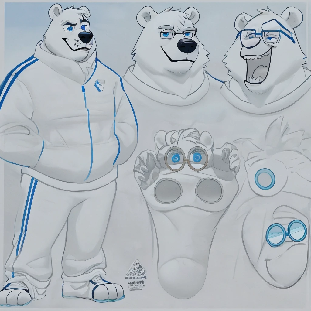 polar bear dad male adidas track suit, slighly well built , blue eyes glasses , head crest white hair, office five toes feet with white socks down no nails , drawing lineart wearing white sock, disney full body profile, evil grin smug , ( first person prospective down up), drunk floating turning left yawn