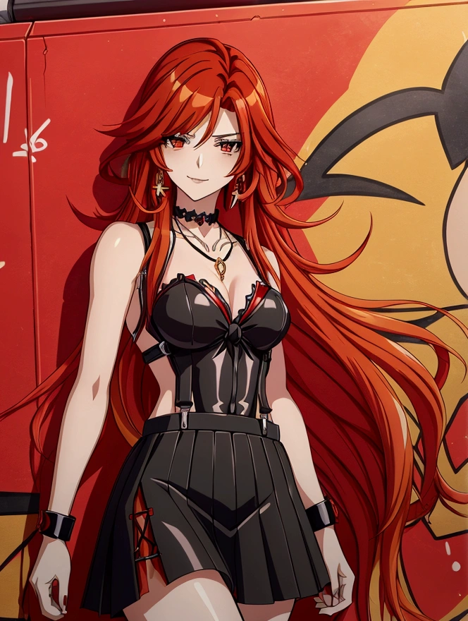 Anime girl with red hair and black suspender skirt in front of graffiti wall, 25 years old，long hair anime girl, She has long reddish-orange hair., Attractive anime girl,Bare arms，Bare arms，Bare legs，Black necklace，Tie-strap skirt，Front view，First Perspective，high quality，16K，Exciting appearance，very clearly，Exquisite mature facial，Royal sister