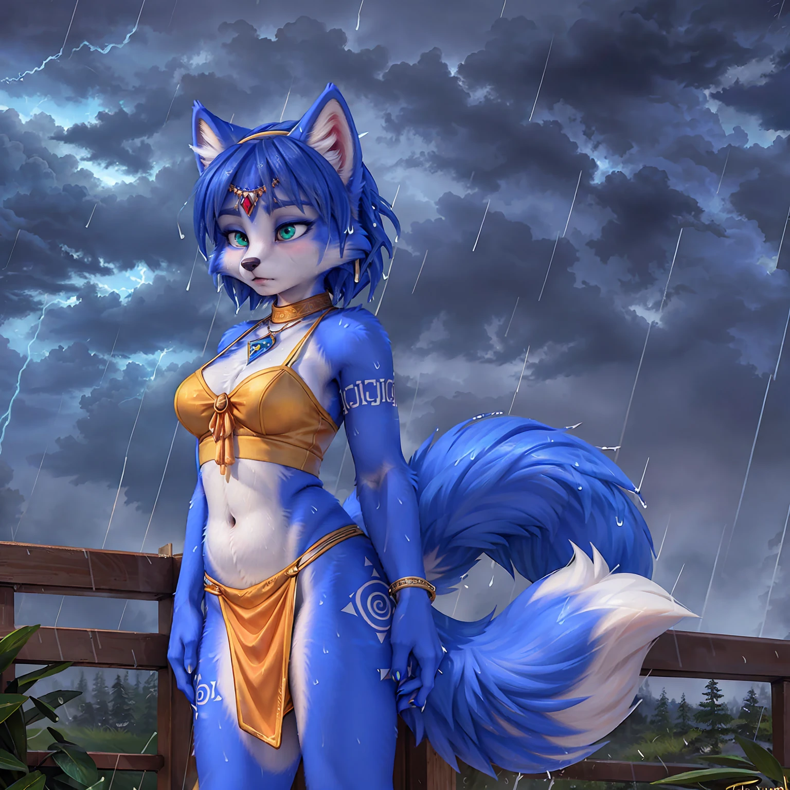 A beautiful and detailed (sweet picture) of ((Krystal)), Star Fox Krystal, green eyes, medium breasts, (((Long blue hair 1.3))), anthro, furry, (of Fluff-Kevlar, Bayard Wu, Personalami, Pino Daeni), detailed fluffy fur, detailed face, (fluffy), 1 girl, alone, hair cover one eye:1.4, ((stands in the rain:1.4))), storm, stands on a meadow, (looks at the sky:1.2), has a sad facial expression, to see from the side, wears tribal clothing, wearing tribal top
