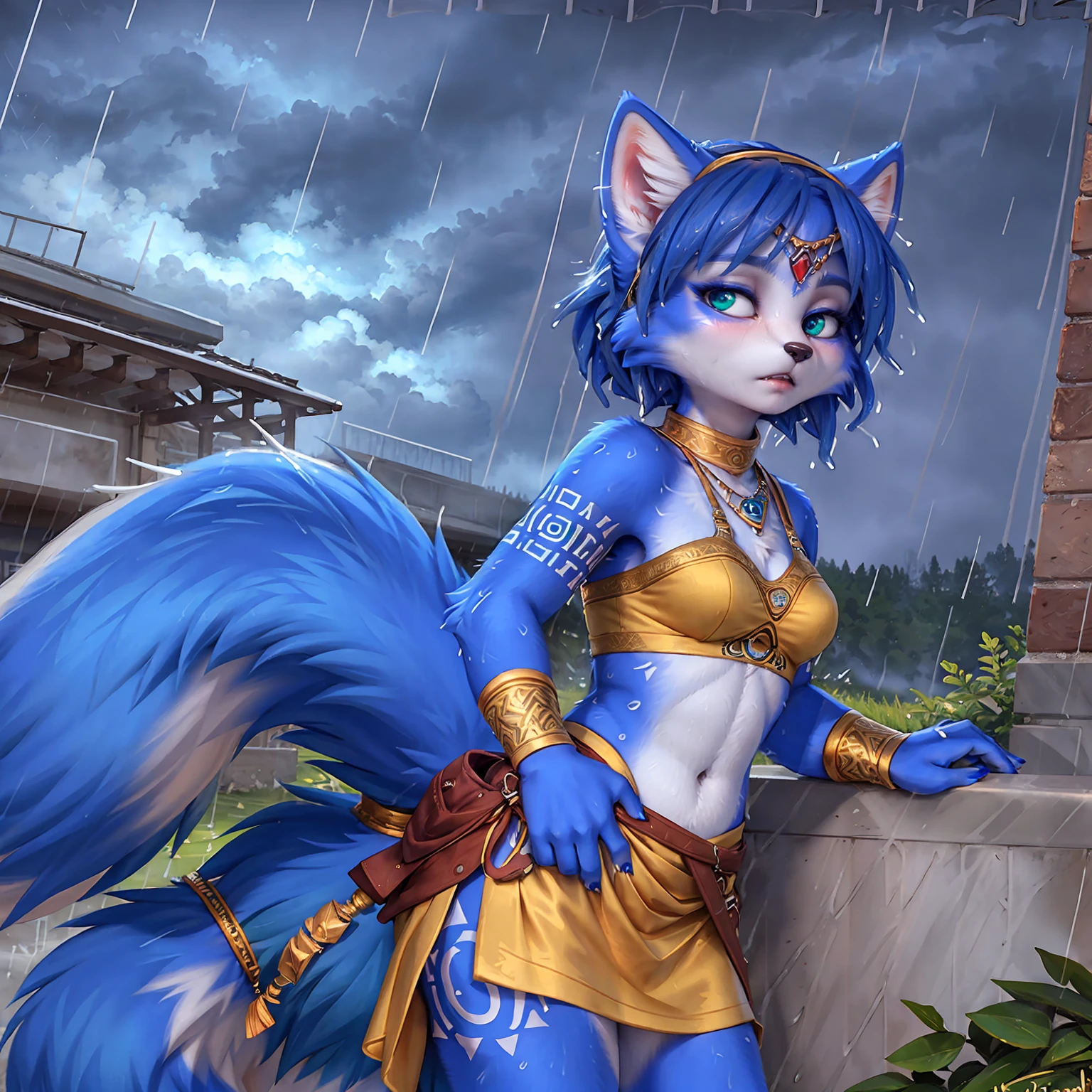 A beautiful and detailed (sweet picture) of ((Krystal)), Star Fox Krystal, green eyes, medium breasts, (((Long blue hair 1.3))), anthro, furry, (of Fluff-Kevlar, Bayard Wu, Personalami, Pino Daeni), detailed fluffy fur, detailed face, (fluffy), 1 girl, alone, hair cover one eye:1.4, ((stands in the rain:1.4))), storm, stands on a meadow, (looks at the sky:1.2), has a sad facial expression, to see from the side, wears tribal clothing, wearing tribal top