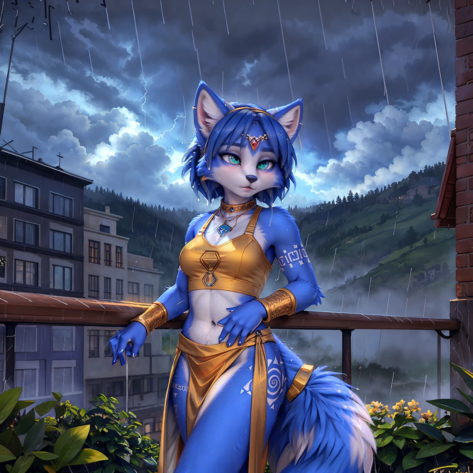 A beautiful and detailed (sweet picture) of ((Krystal)), Star Fox Krystal,  green eyes, medium breasts, (((Long blue hair 1.3))),  anthro, furry, (of Fluff-Kevlar, Bayard Wu, Personalami, Pino Daeni),  detailed fluffy fur, detailed face, (fluffy), 1 girl, alone, hair cover one eye:1.4, ((stands in the rain:1.4))), storm, stands on a meadow, (looks at the sky:1.2), has a sad facial expression, to see from the side, wears tribal clothing, wearing tribal top
