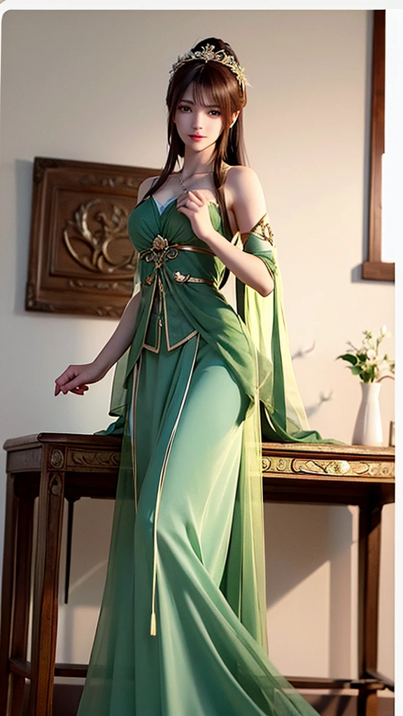Create a female character that embodies the Virgo zodiac sign, making it immediately recognizable. She is a meticulous and graceful figure with long, straight auburn hair and clear, thoughtful green eyes. She has a slender build and a smooth, fair complexion. Dress her in attire that combines classical and modern styles, featuring a green and white color scheme. Include elements such as a laurel wreath, a scroll or book, and armor with wheat motifs. The background should include fields of wheat and a serene landscape to further emphasize the Virgo symbolism. She should exude a sense of wisdom and purity, representing the analytical nature of Virgo.