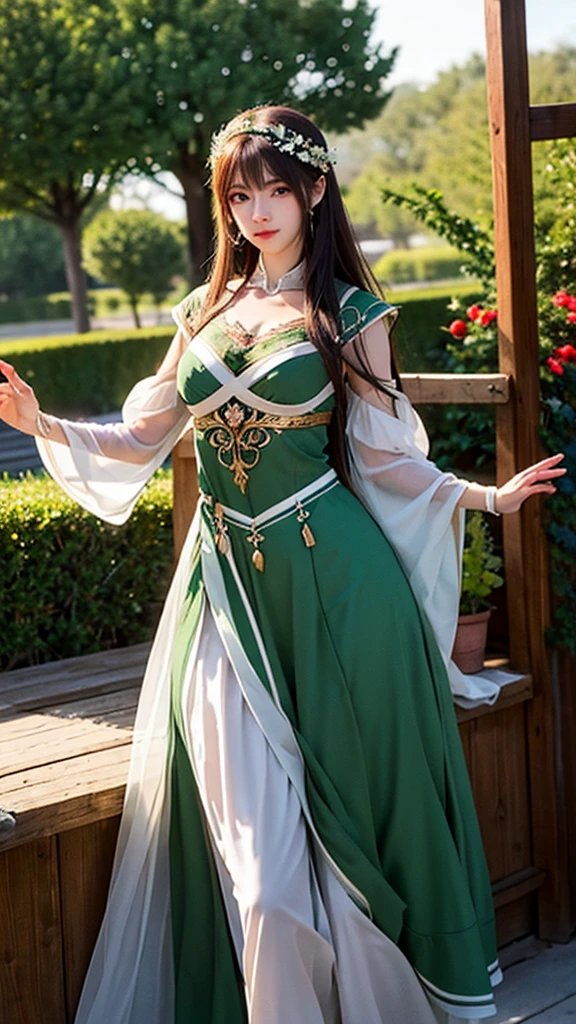 Create a female character that embodies the Virgo zodiac sign, making it immediately recognizable. She is a meticulous and graceful figure with long, straight auburn hair and clear, thoughtful green eyes. She has a slender build and a smooth, fair complexion. Dress her in attire that combines classical and modern styles, featuring a green and white color scheme. Include elements such as a laurel wreath, a scroll or book, and armor with wheat motifs. The background should include fields of wheat and a serene landscape to further emphasize the Virgo symbolism. She should exude a sense of wisdom and purity, representing the analytical nature of Virgo.