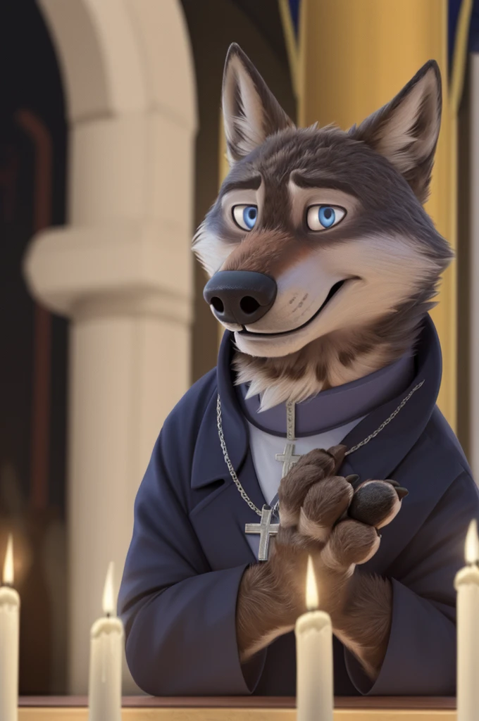 Larry (Zootopia), wolf, Gray Fur, (brown body:1.3), beautiful blue eyes, Zootopia,  Pope, Catholic priest,pectoral cross white collar, canine,wolf, detailed fur, Male, second, paw pads, claws, looks at the viewer, 5 fingers, paws, 4 toes, in churches, candles altar,Catholic Church, Vatican, sits and prays, 
BREAK from nextel, for dating, by xenoforge, (difficult, high detail,digital photography, soft focus, RAW, close to the camera, smile, positive, Good, mood, Houses, looks at the viewer, очень close to the camera, Pope. 
Photorealism, realistic, photorealistic,digital style, Subsurface scattering,очень close to the camera
шедевр, Best quality, ultra realistic, 8 thousand.)