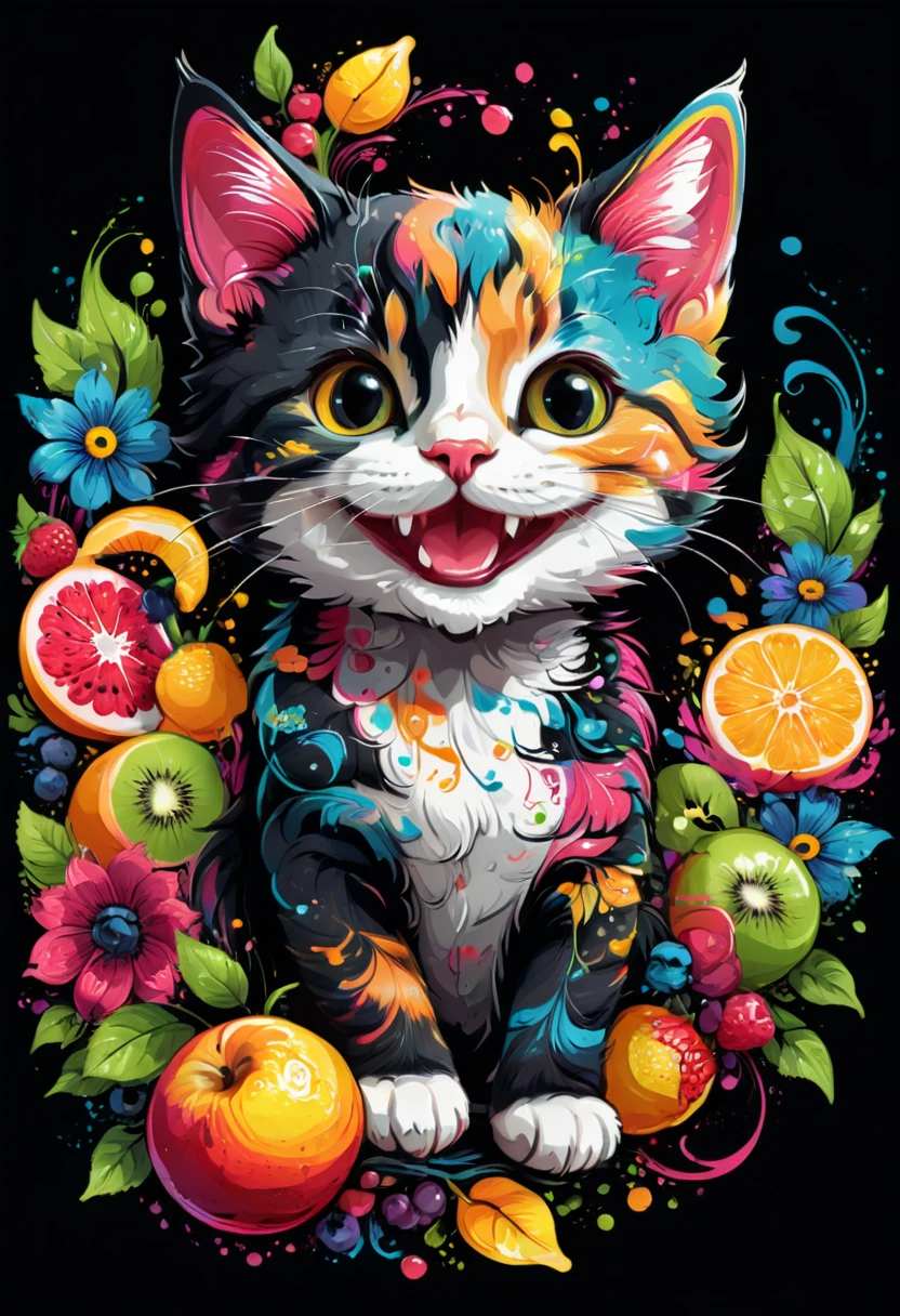  arte vetorial para  t shirt design, of a colorful illustration of a smiling kitten, At the center, swirly vibrant colors, flowers, fruits, high détail,black backdrop.t shirt design.
(work of art, UHD quality, details in 16k, proffesional, perfect composition, very aesthetic, absurdrez, super verbose, details Intricate:1.3)